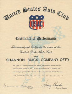 1964 United States Auto Club USAC Certificate of Performance Shannon Brothers Offy & Bob Wente at Eldora Speedway