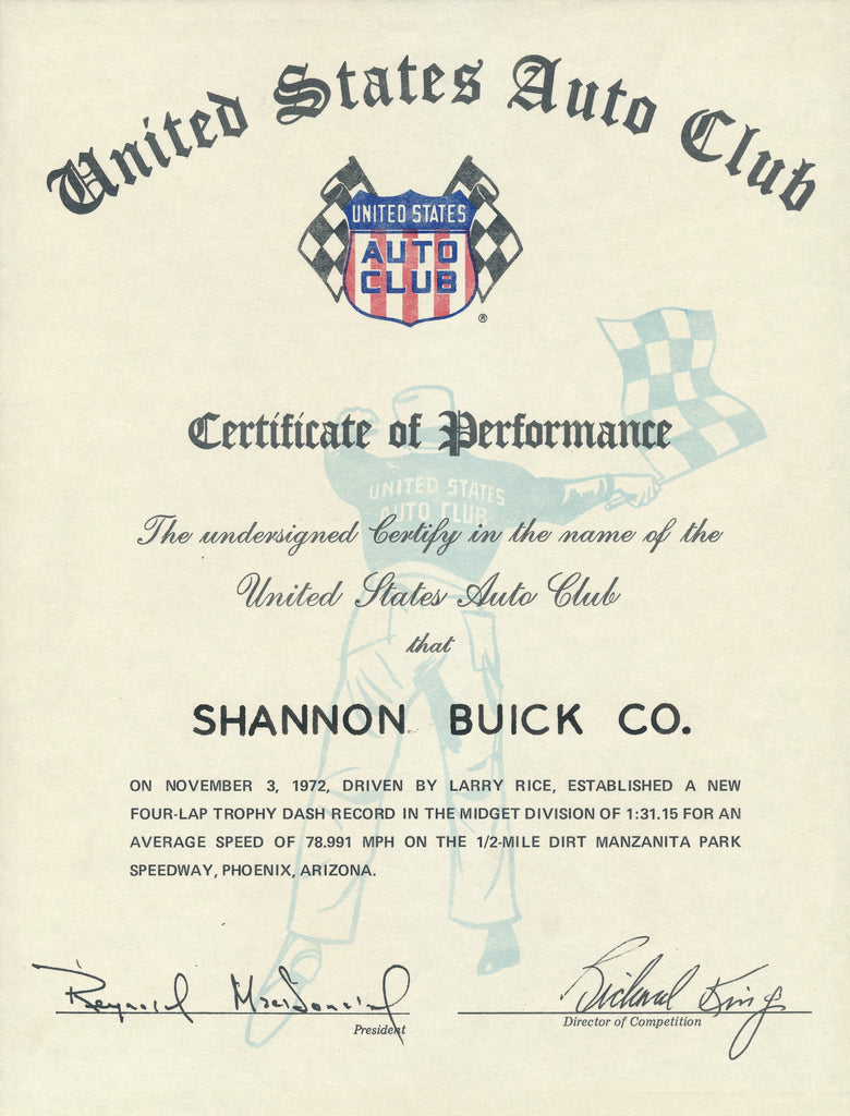 1972 United States Auto Club USAC Certificate of Performance Shannon Brothers Offy & Larry Rice at Manzanita Park Speedway