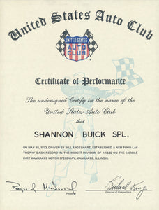 1973 United States Auto Club USAC Certificate of Performance Shannon Brothers Offy & Bill Engelhart at Kankakee Motor Speedway