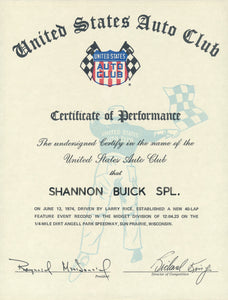 1974 United States Auto Club USAC Certificate of Performance Shannon Brothers Offy & Larry Rice at Angell Park Speedway