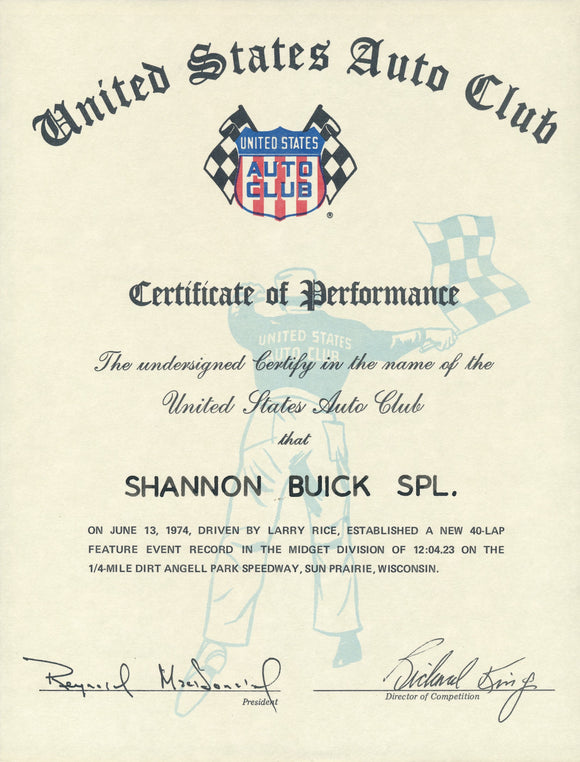 1974 United States Auto Club USAC Certificate of Performance Shannon Brothers Offy & Larry Rice at Angell Park Speedway