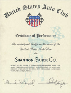 1975 United States Auto Club USAC Certificate of Performance Shannon Brothers Offy & Tommy Astone at Indianapolis Fairgrounds Track