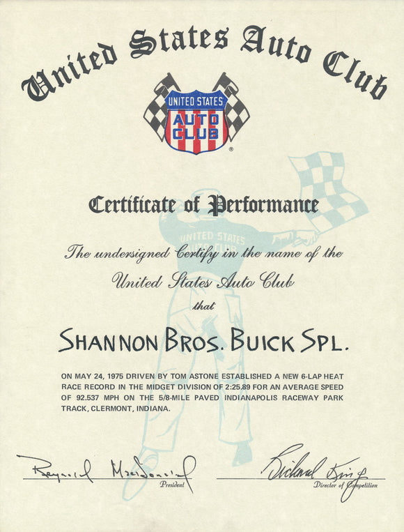 1975 United States Auto Club USAC Certificate of Performance Shannon Brothers Offy & Tom Astone at Indianapolis Raceway Park Track