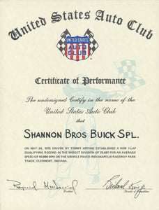 1975 United States Auto Club USAC Certificate of Performance Shannon Brothers Offy & Tommy Astone at Indianapolis Raceway Park Track