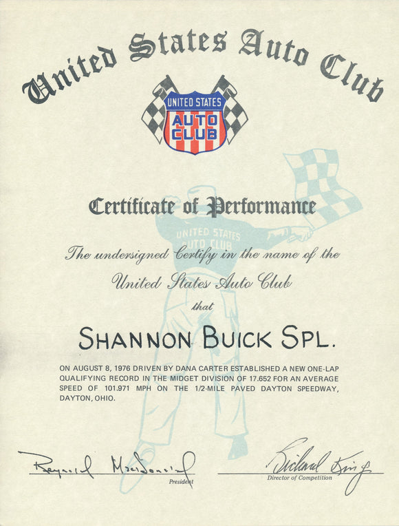 1976 United States Auto Club USAC Certificate of Performance Shannon Brothers Offy & Dana Carter at Dayton Speedway