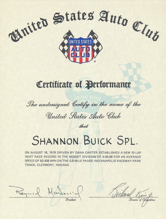 1976 United States Auto Club USAC Certificate of Performance Shannon Brothers Offy & Dana Carter at Indianapolis Raceway Park Track