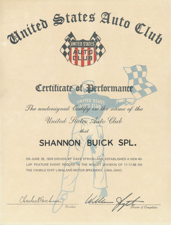 1970 United States Auto Club USAC Certificate of Performance Shannon Brothers Offy & Dave Strickland at Limaland Motor Speedway