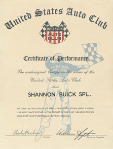 1970 United States Auto Club USAC Certificate of Performance Shannon Brothers Offy & Dave Strickland at Henry's Speedway