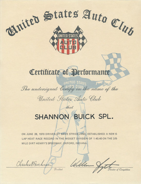 1970 United States Auto Club USAC Certificate of Performance Shannon Brothers Offy & Dave Strickland at Henry's Speedway