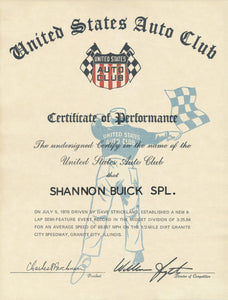 1970 United States Auto Club USAC Certificate of Performance Shannon Brothers Offy & Dave Strickland at Granite City Speedway