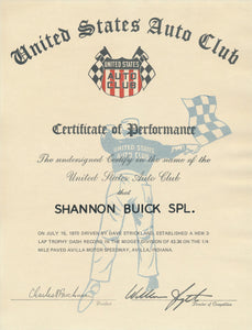 1970 United States Auto Club USAC Certificate of Performance Shannon Brothers Offy & Dave Strickland at Avilla Motor Speedway