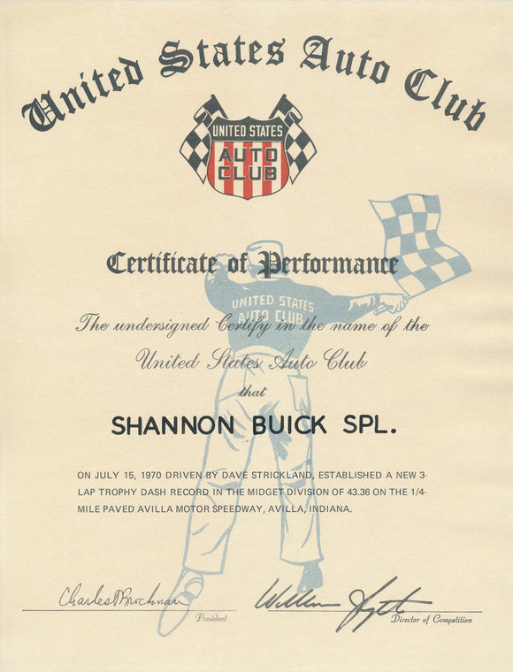 1970 United States Auto Club USAC Certificate of Performance Shannon Brothers Offy & Dave Strickland at Avilla Motor Speedway