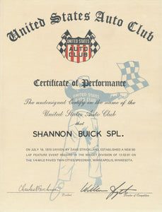 1970 United States Auto Club USAC Certificate of Performance Shannon Brothers Offy & Dave Strickland at Twin Cities Speedway