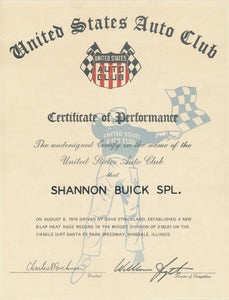 1970 United States Auto Club USAC Certificate of Performance Shannon Brothers Offy & Dave Strickland at Santa Fe Park Speedway