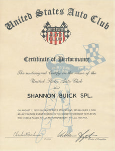 1970 United States Auto Club USAC Certificate of Performance Shannon Brothers Offy & Dave Strickland at Avilla Motor Speedway