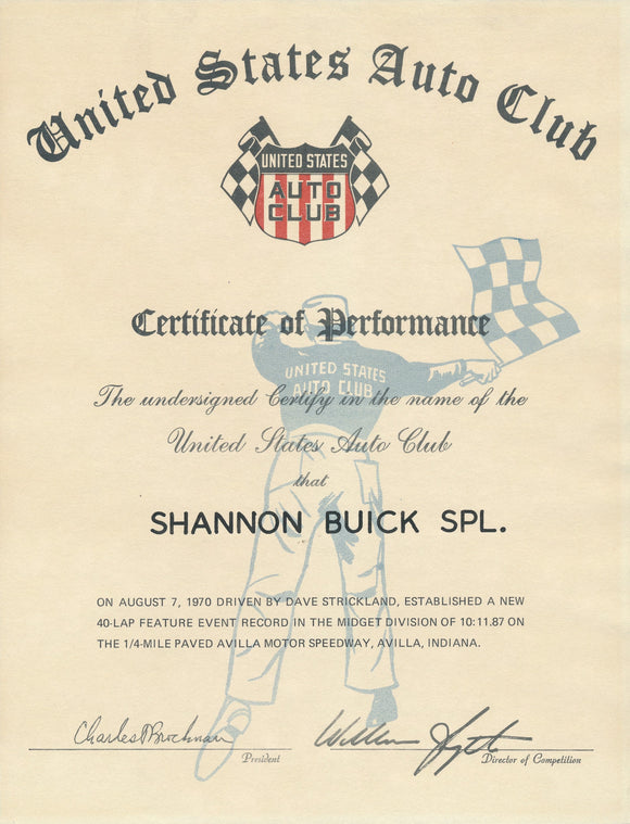 1970 United States Auto Club USAC Certificate of Performance Shannon Brothers Offy & Dave Strickland at Avilla Motor Speedway