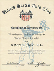 1970 United States Auto Club USAC Certificate of Performance Shannon Brothers Offy & Dave Strickland at South Bend Motor Speedway