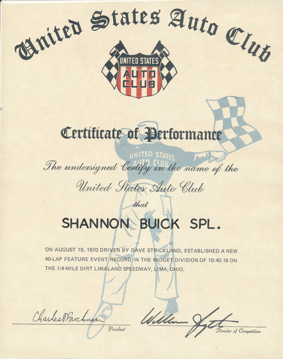 1970 United States Auto Club USAC Certificate of Performance Shannon Brothers Offy & Dave Strickland at Limaland Speedway