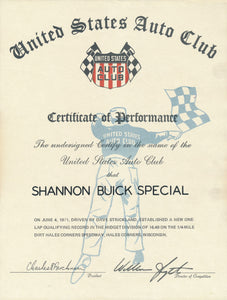 1971 United States Auto Club USAC Certificate of Performance Shannon Brothers Offy & Dave Strickland at Hales Corners Speedway