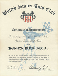 1971 United States Auto Club USAC Certificate of Performance Shannon Brothers Offy & Dave Strickland at Tri-County Speedway