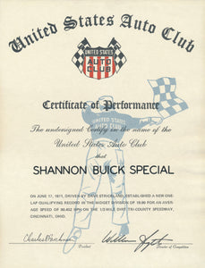 1971 United States Auto Club USAC Certificate of Performance Shannon Brothers Offy & Dave Strickland at Tri-County Speedway