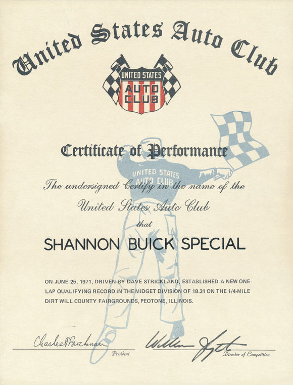 1971 United States Auto Club USAC Certificate of Performance Shannon Brothers Offy & Dave Strickland at Will County Fairgrounds