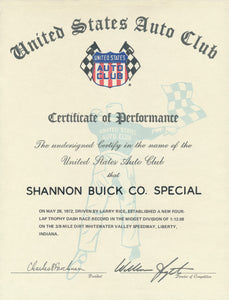 1972 United States Auto Club USAC Certificate of Performance Shannon Brothers Offy & Larry Rice at Whitewater Valley Speedway