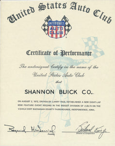 1972 United States Auto Club USAC Certificate of Performance Shannon Brothers Offy & Larry Rice at Buchanan County Fairgrounds