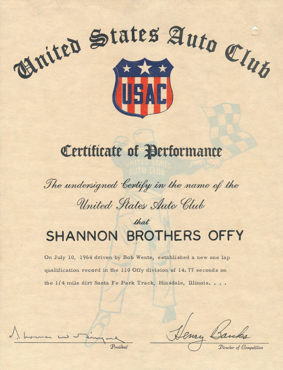 1964 United States Auto Club USAC Certificate of Performance Shannon Brothers Offy & Bob Wente at Santa Fe Park Track