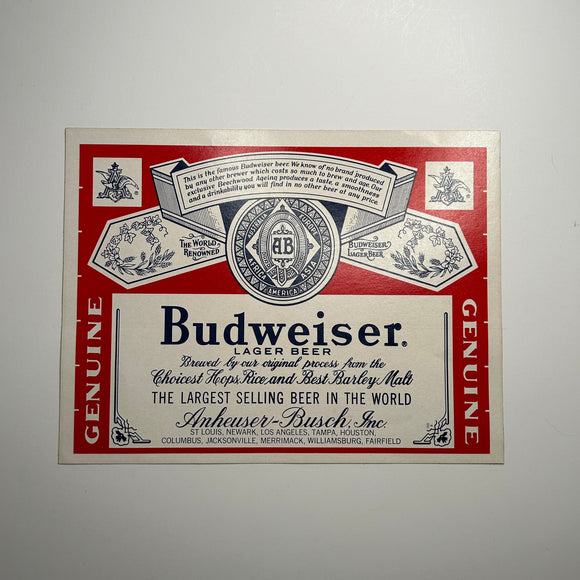 Original Budweiser Label Decal