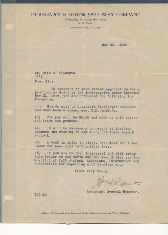 Indy Letter May 2, 1919 and envelope. To Otto Flanagan from WPC Assistant General Manager.