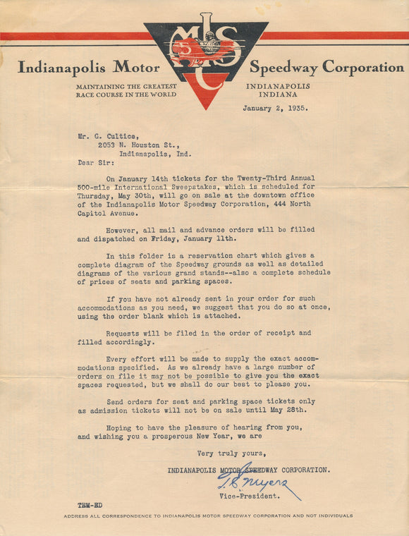 Indy Letter January 2, 1935 and envelope. To Mr. Cultice from Pop Myers.