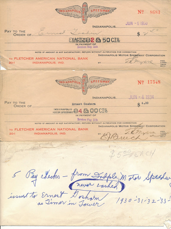 Two Indy paychecks and envelope 1930, 1934. Payable to Ernest Goshorn. Singed by Pop Myers.