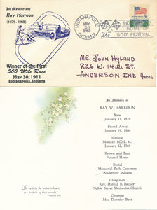 Indy Envelope and invitation to memorial for Ray Harroun. To John Hyland.