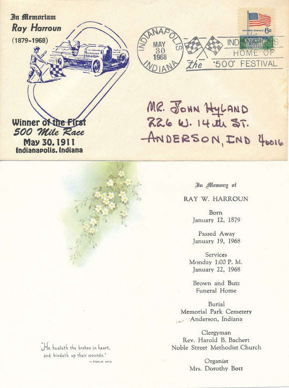 Indy Envelope and invitation to memorial for Ray Harroun. To John Hyland.