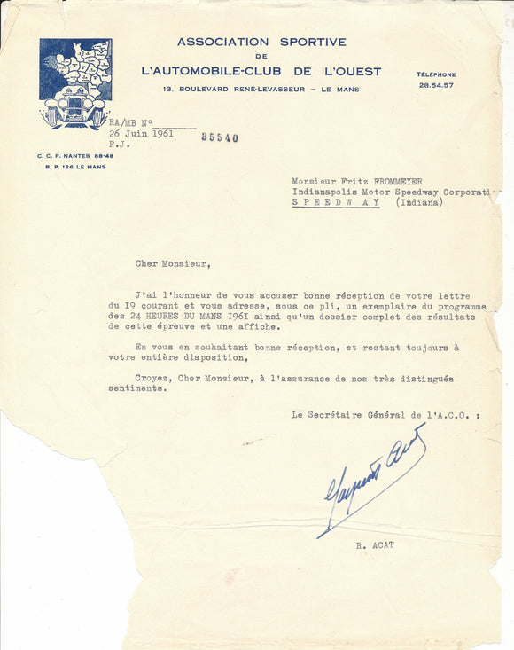 Letter 1961 L'Automobile-Club de L'Ouest (Le Mans). To Frits Frommeyer from