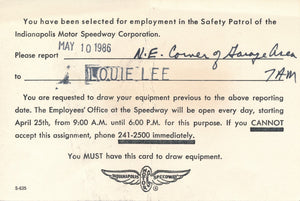 Indy post card notice of employment in Safety Patrol, 1986