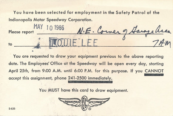 Indy post card notice of employment in Safety Patrol, 1986