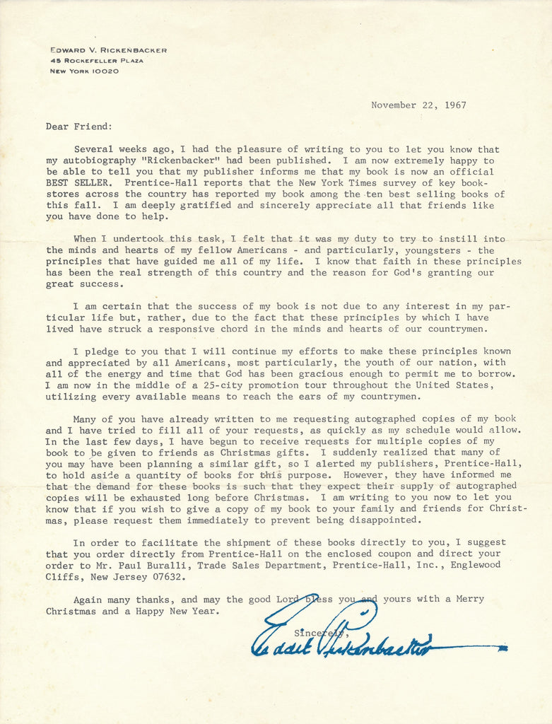 Eddie Rickenbacker signed letter Nov 1968