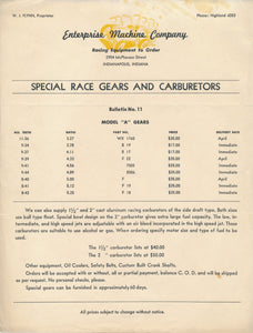 Enterprise Machine Company Race Gear and Carburetor price list