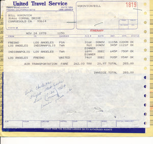 Bill Vukovich PSA/TWA/United flight receipt 1978