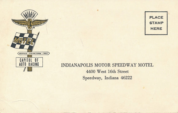 Indianapolis Motor Speedway Motel Reservation request post card