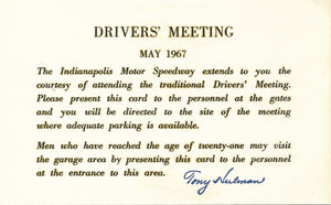 Indy 500 Driver's Meeting Invitation/Pass 1967