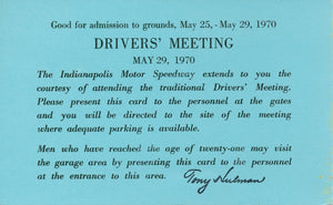 Indy 500 Driver's Meeting Invitation/Pass 1970