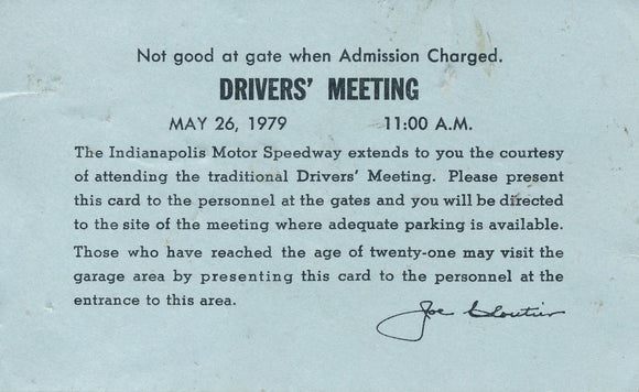 Indy 500 Driver's Meeting Invitation/Pass 1979