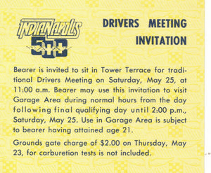 Indy 500 Driver's Meeting Invitation/Pass 1985