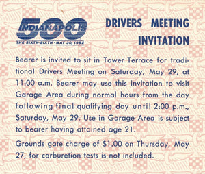 Indy 500 Driver's Meeting Invitation/Pass 1982