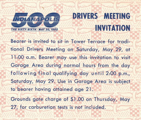 Indy 500 Driver's Meeting Invitation/Pass 1982