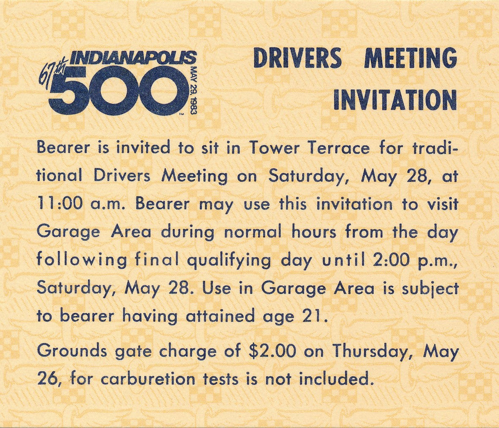 Indy 500 Driver's Meeting Invitation/Pass 1983