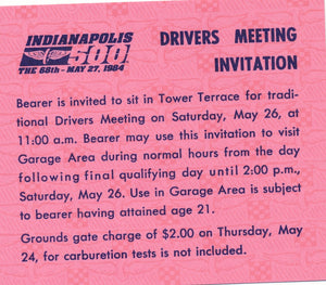 Indy 500 Driver's Meeting Invitation/Pass 1984